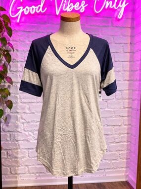 Poof! Navy & Heather Gray V-Neck Raglan Tee - Sporty Casual- Size L- NWT